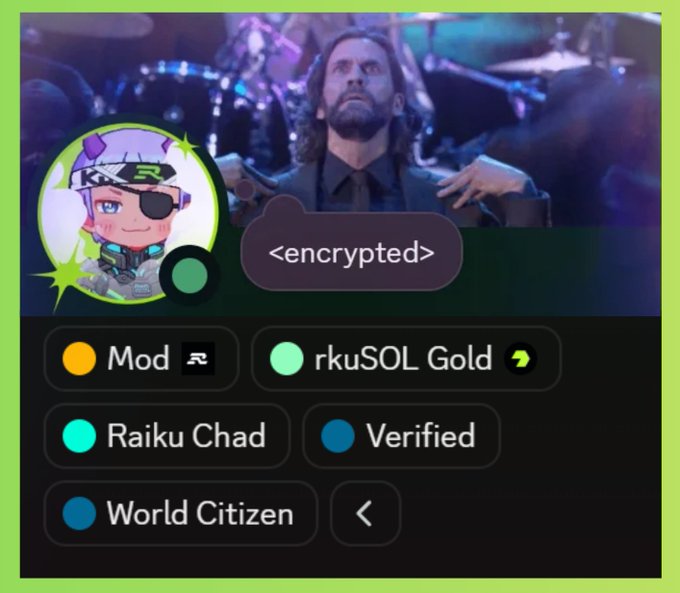 A Discord profile screenshot shows an anime-style avatar with a pirate hat and eye patch, the username displayed as "<encrypted>", and badges including "Mod" (with a Raiku "R" logo), "rkuSOL Gold" (with a green arrow), "Raiku Chad," "Verified," and "World Citizen." The image illustrates the poster's new role as a Discord moderator for @raikucom, with the "Mod" badge and "Raiku Chad" tag visually confirming the community leadership announcement.