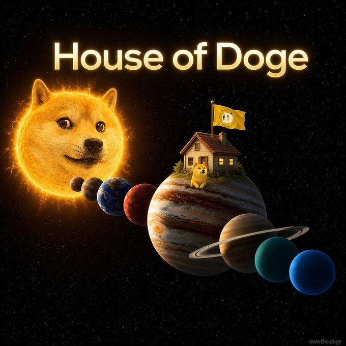 The image, titled "House of Doge," features a Doge-faced sun with planets arranged in a solar system, where one planet hosts a small house with a Doge flag and a Shiba Inu sitting on top, humorously depicting Dogecoin ruling its own universe—matching the post's whimsical claim of "a small house for $DOGE" and "a giant leap for Dogekind."