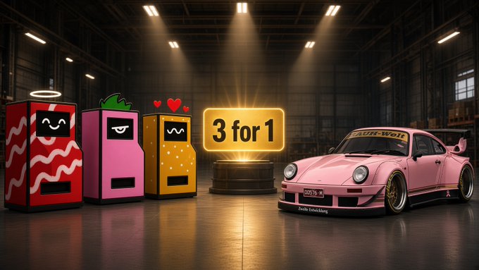 A lineup of three colorful vending-machine-style RHB characters (red, pink, and yellow with cute faces) stands next to a glowing "3 for 1" sign, alongside a pink RWB Porsche, visually representing the trade offer of three "RH Machines" for one pink RWB Porsche.