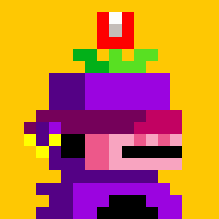 A pixel art image of a character wearing a purple outfit with a green collar and a red hat, set against a yellow background.