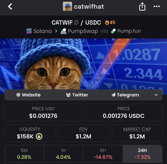 The image shows a crypto trading interface for the $CATWIF token (CATWIF/USDC) on the Solana blockchain via PumpSwap/Pump.fun, with key metrics including a price of $0.001276, $158K liquidity, $1.2M FDV/market cap, and 24H performance of -7.32%. This relates to the post as the user is promoting a giveaway of $CATWIF tokens to users who drop their Solana addresses, using the token's current trading data to show its legitimacy and market presence.