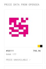 A screenshot of OpenSea price data showing a pink pixelated digital collectible with the title '#5B111', a rank of 177, and a price of 798.96 listed as 'PRICE UNAVAILABLE'.