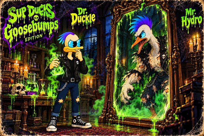 A spooky, neon-green Halloween-themed digital artwork titled 'Slip Ducks Goosebumps Edition' featuring an anthropomorphic duck labeled 'Dr. Duckie' and a monstrous duck in a mirror labeled 'Mr. Hydro'.