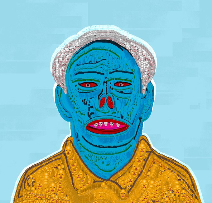 A colorful, stylized digital artwork depicting a blue-skinned figure with red eyes and a golden, patterned shirt against a blue background.