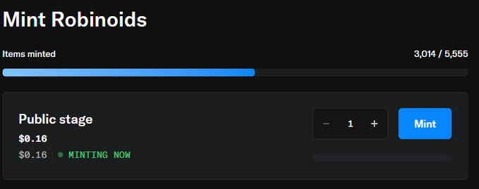 A minting interface for "Mint Robinoids" NFT collection shows 3,014 of 5,555 items minted (~$482 total) at $0.16 each, with the progress bar over halfway full indicating the collection is in active public mint.