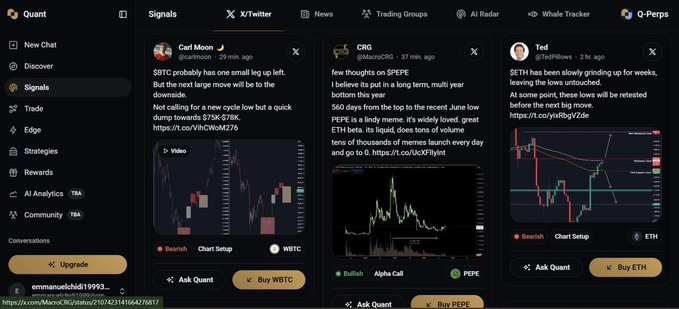 A screenshot of the Quant trading platform showing crypto signals and charts for WBTC, PAEPE, and ETH from various analysts.