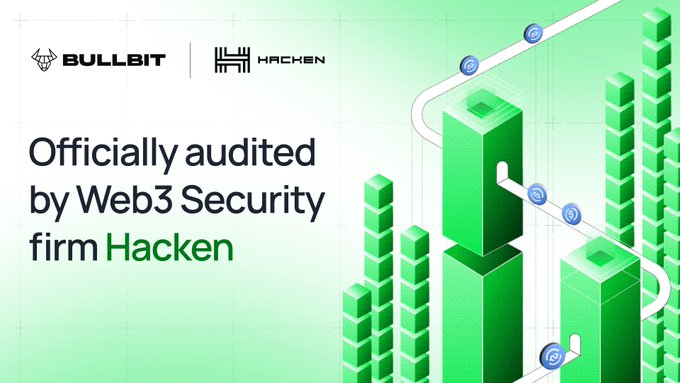 A promotional banner for Bullbit announces it has been 'Officially audited by Web3 Security firm Hacken' with green block graphics.