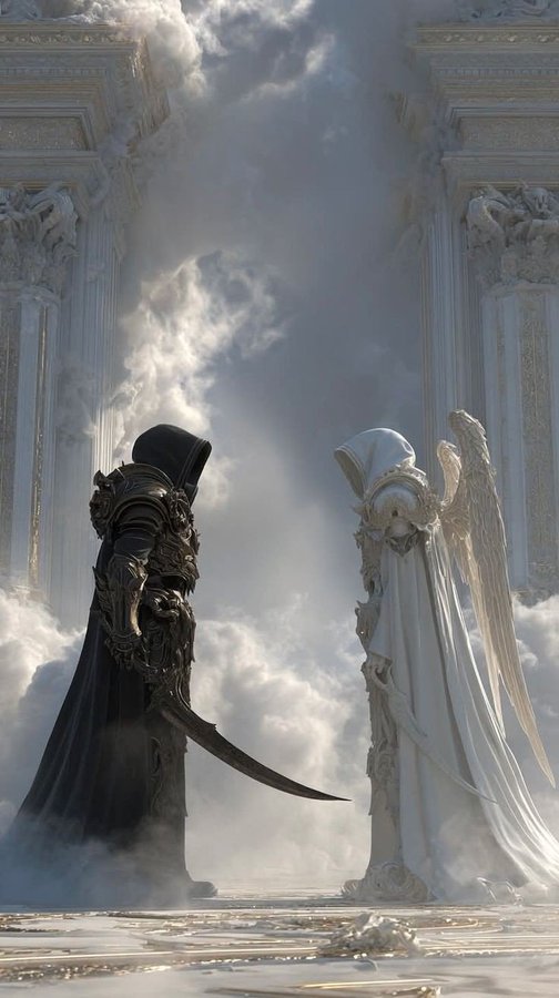 An epic fantasy artwork depicting two armored figures facing each other between grand white columns: a dark warrior with a hood and curved blade on the left, and a serene white angel-like figure with wings and a circular headpiece on the right, surrounded by clouds.