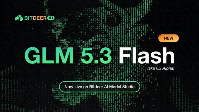 A promotional graphic for 'BITDEER AI' announcing 'GLM 5.3 Flash (aka Ox Alpha)' as 'NEW' and 'Now Live on Bitdeer AI Model Studio' against a green digital code background.