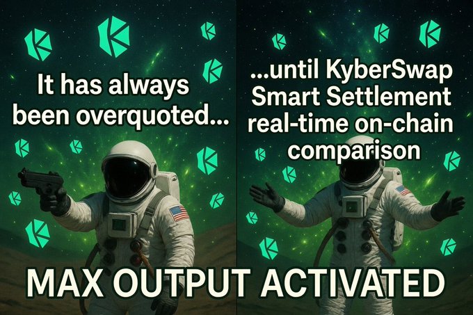 The image features two different versions of an astronaut, one wearing a helmet and the other without. The text "It has always been overrated... real-time on-chain comparison" is written above each version. This suggests that there might be some sort of comparison or rating system in place for the effectiveness of the KyberSwap platform.
