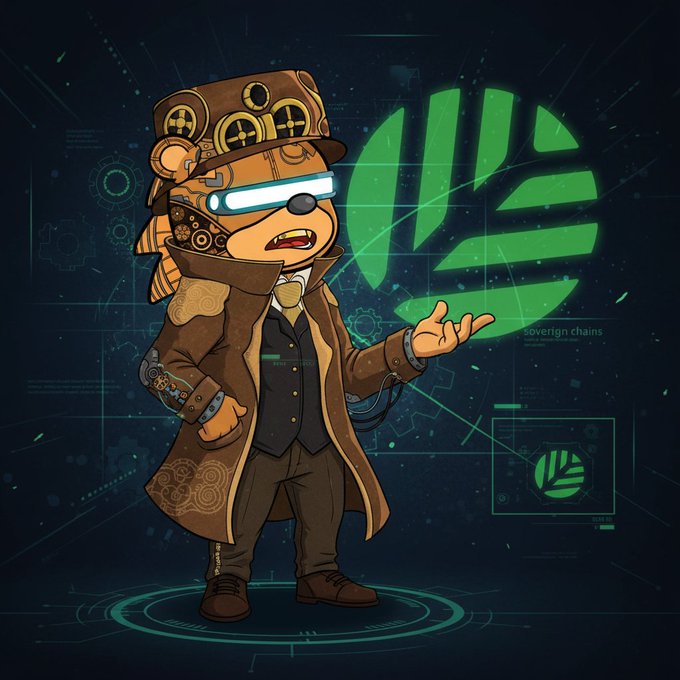 An illustrated steampunk bear wearing a top hat with brass goggles and a brown coat, standing beside a green leaf logo on a dark tech-themed background.