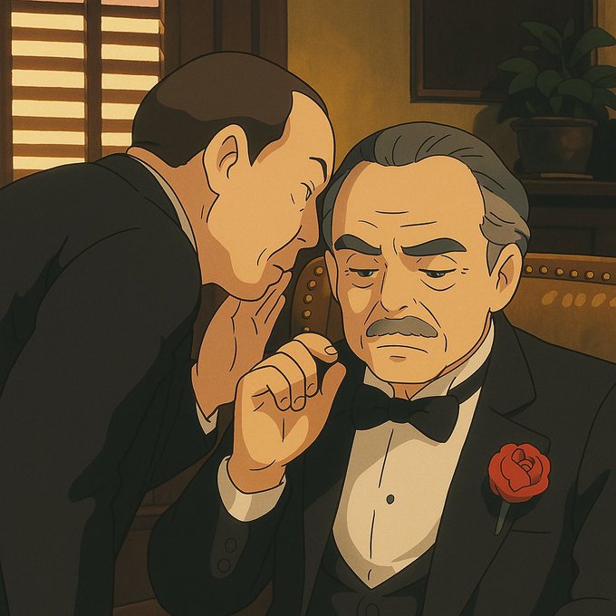 An animated, Studio Ghibli-style illustration of two men in suits, one whispering into the other's ear, with a red rose on the lapel.