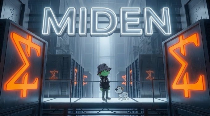 A digital illustration featuring a neon 'MIDEN' sign above a character in a bucket hat standing with a small dog in a server room, flanked by large screens displaying the Zcash 'Z' symbol.