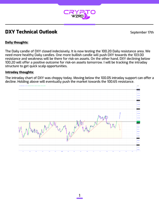 A 'CRYPTO WZRD' newsletter dated September 17th discussing the DXY Technical Outlook, with daily and intraday thoughts about support at 100.05 and resistance at 100.65, accompanied by a price chart.