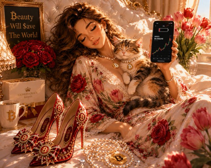 An AI-generated illustration of a woman in a floral robe holding a cat adorned with Bitcoin jewelry, surrounded by Bitcoin-decorated red heels and a 'Beauty Will Save The World' sign.