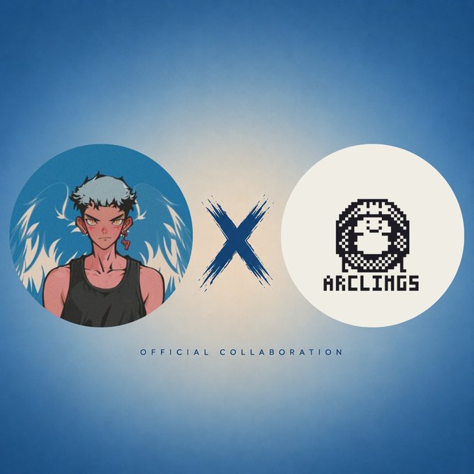 An "OFFICIAL COLLABORATION" graphic featuring an anime-style character with white hair and wings on the left, and a pixel art logo reading "ARCLINHS" on the right.