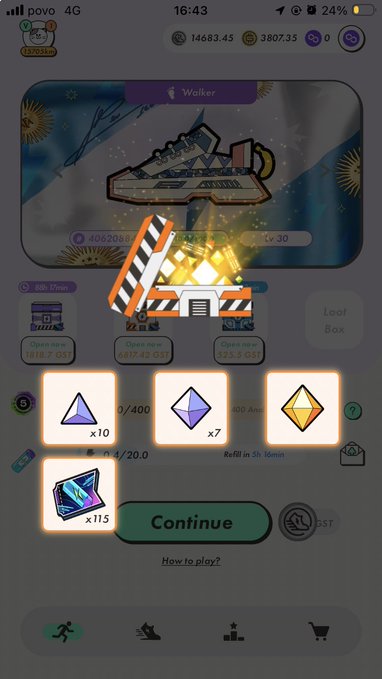 A mobile game screenshot showing a character called 'Walker' with currency counters (14683.45, 3807.35) and a loot box opening revealing colored gems and a card, with a 'Continue' button.
