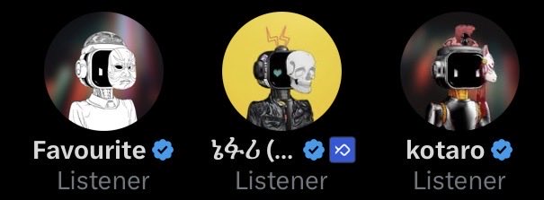 Three user profile icons displayed on a dark background, each labeled 'Listener': 'Favourite' with a robot avatar, an Ethiopian/Amharic script username 'ናፍጅ (...)' with a yellow and robot avatar, and 'kotaro' with a metallic helmet avatar. All three have blue verification checkmarks.