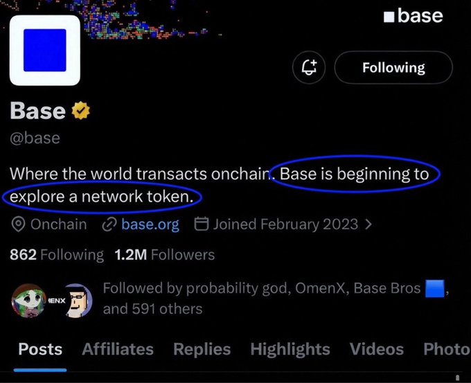 The image shows a social media post with a Twitter account for a company named "Base". The post includes a link to a video, which has been shared by multiple people. The caption of the post reads, "Check @base X bio → Beginning to explore a network token. People are connecting this with $BASE Makes sense. Lately, there have been subtle hints coming from different parts of the Base ecosystem."