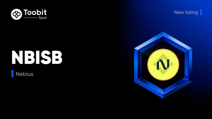 The image is a promotional banner from Toobit Spot announcing the new listing of **NBISB (Nebius)**, featuring the Toobit Spot logo, "New listing" text, and a stylized hexagonal blue icon containing the yellow Nebius "N" emblem against a dark blue background.