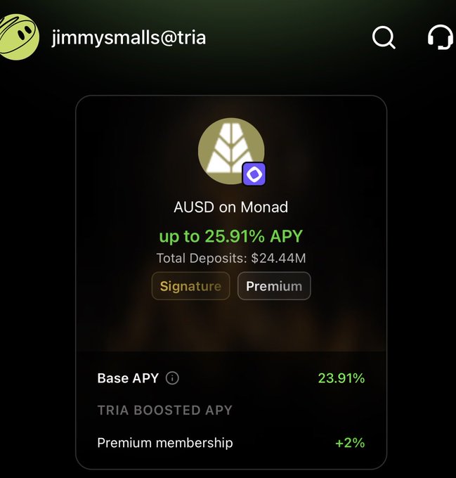 A dark-themed crypto dashboard for "jimmysmalls@tria" displaying AUSD on Monad with up to 25.91% APY, $24.44M total deposits, Base APY of 23.91%, and Premium membership +2% boost.