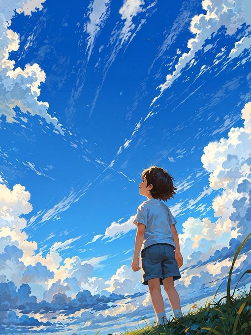 An anime-style illustration of a young boy with brown hair looking up at a vast blue sky filled with dramatic, sweeping clouds while standing on a grassy hill.