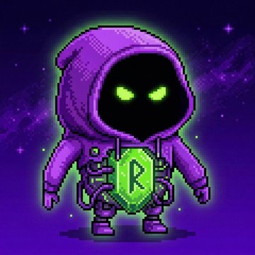 A pixel art character in a purple hoodie with glowing green eyes, featuring a hexagonal emblem with the letter 'R' on its chest against a starry purple background.