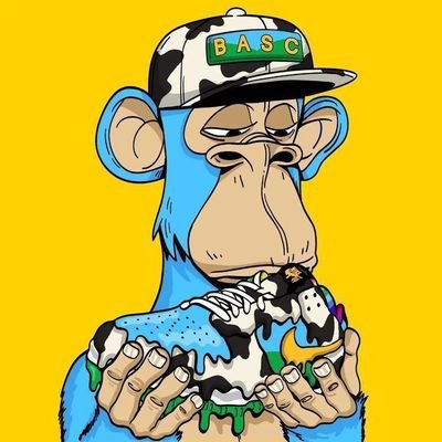 A Bored Ape NFT-style illustration of a blue ape wearing a "BASC" cap while holding a melting ice cream cone.