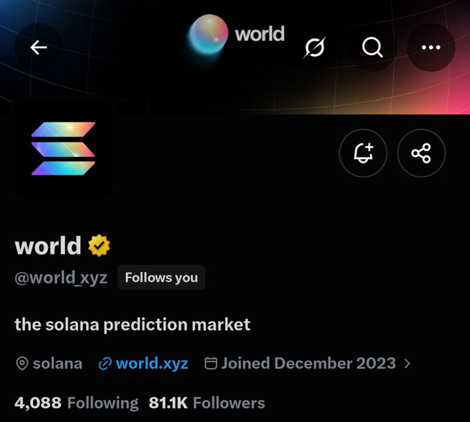 The image shows a profile screenshot of "world" (@world_xyz), a Solana prediction market with 811.1K followers that joined in December 2023. The post is from a user humorously pledging to change their bio to "World made me rich" for a year if the @world_xyz project gives them $50k+, with the profile screenshot likely serving as proof or context of who they're addressing.
