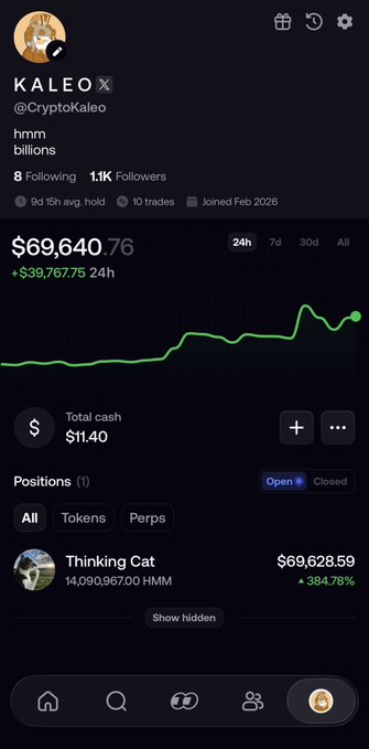 Trading app screenshot of user KALEO (@CryptoKaleo) showing 'hmm Billions' bio, $69,640 portfolio value (+$39,767.75 24h), with a position in Thinking Cat (HMM) worth $69,628.59 (+384.78%).