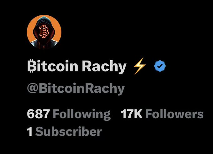 The image shows a post from a user named Bitcoin Rachy with a large number of likes (17,000) and shares (87). The post includes a hashtag #bitcoinrachy and a picture of a person wearing an orange hoodie. The post also mentions that followers are reaching 17,000.