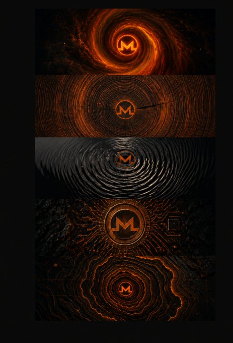 A vertical collage of five dark, swirling tunnel-like designs featuring an orange 'M' logo in the center of each.