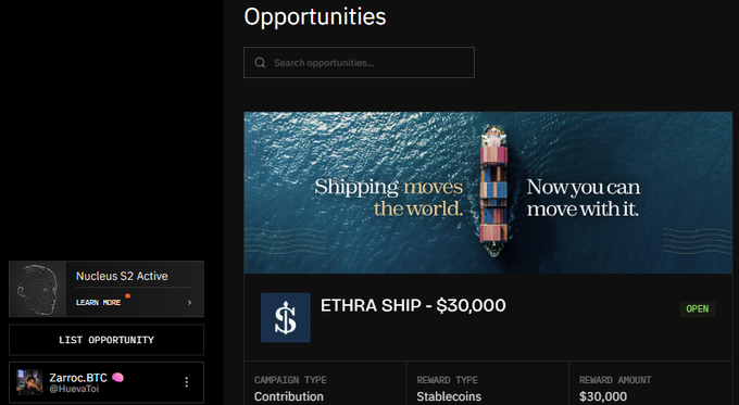 A screenshot of an 'Opportunities' page showing an 'ETHRA SHIP - $30,000' contribution campaign with shipping containers on water and the tagline 'Shipping moves the world. Now you can move with it.'