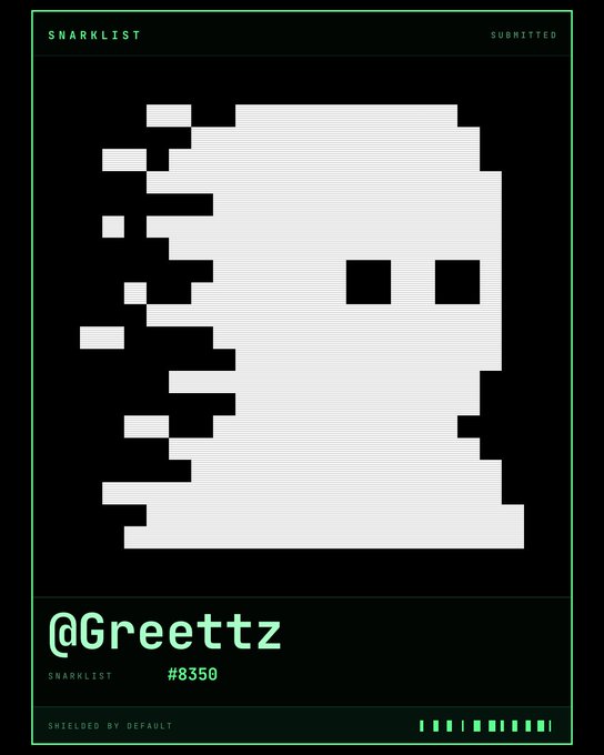 A pixel art image titled 'SNARKLIST' #8350 by @Greetz showing a black-and-white CRT-style pixelated face with sunglasses, labeled 'SHIELDED BY DEFAULT'.