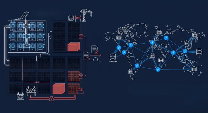 A split-panel infographic contrasts a detailed view of GPU clusters and solar panels interconnected by power and data lines on the left with a world map highlighting an "Enterprise" database network on the right, visually representing the gap between leased AI capacity and currently billable infrastructure highlighted in the accompanying post.