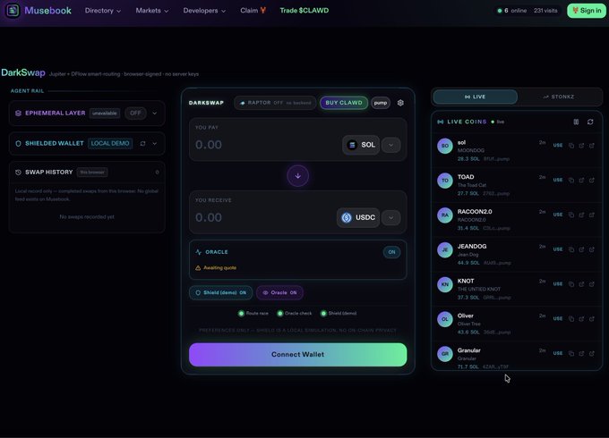 The image shows the Musebook "DarkSwap" interface where users can swap SOL for USDC on Solana, powered by $CLAWD with a Raptor SPT backend, featuring a live coins list including $MUSEBOOK, $TOAD, $RACOON2.0, and others. This directly illustrates the post's announcement of $MUSEBOOK swaps launching on Solana via Swap.musebook.trade.