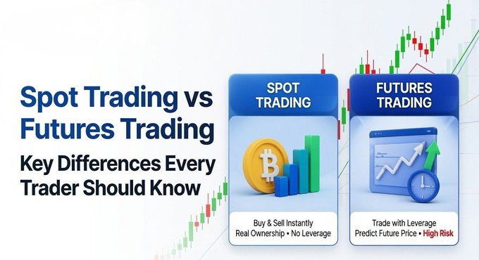 The image is an infographic titled "Spot Trading vs Futures Trading: Key Differences Every Trader Should Know," comparing the two methods by highlighting Spot Trading's "Buy & Sell Instantly, Real Ownership • No Leverage" against Futures Trading's "Trade with Leverage, Predict Future Price • High Risk," complete with Bitcoin and chart visuals.