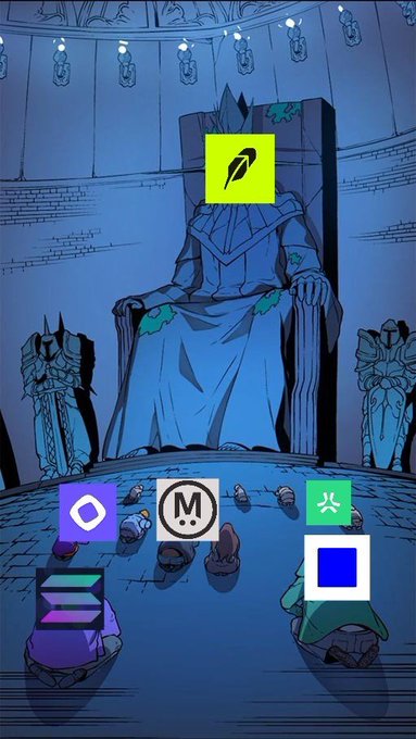 A comic-style image of a king on a throne with various crypto/NFT project logos overlaid, including what appears to be a feather icon.