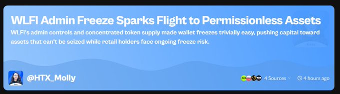 The image shows a long banner with text written on it, which appears to be related to the WLFI Admin Freeze Sparks Flight to Permissionless Assets. The text includes information about Wi-Fi administration, Wi-Fi security, and the importance of securing Wi-Fi networks from unauthorized access.