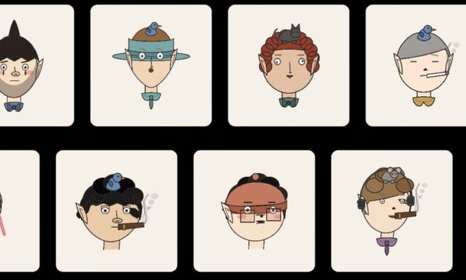 A grid of cartoon character portraits showing various quirky figures wearing small blue creatures or hats on their heads, some smoking cigarettes, displayed on a white background.