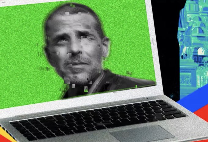 A laptop displays a glitching image of Hunter Biden's face on a green-screen background, visually referencing the infamous Hunter Biden laptop story while promoting a new $LAPTOP meme coin. The image satirizes the controversial political narrative by pairing it with the speculative crypto launch.
