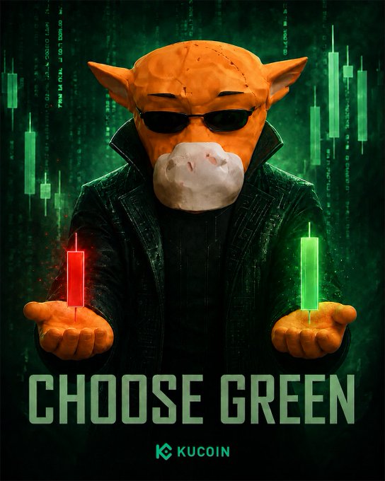 A bull character wearing sunglasses offers a choice between red and green candlesticks against a Matrix-style code backdrop, with bold text reading "CHOOSE GREEN" and the KuCoin logo at the bottom—symbolizing an invitation to bet on bullish $NIULAI momentum.