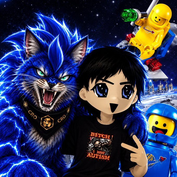 A digital illustration of a young anime-style character wearing a black shirt, posing alongside a fierce blue lion-like creature with a CRO bandana and LEGO spacemen.