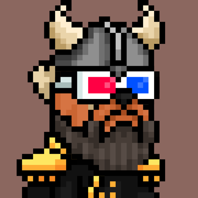 A pixel art character resembling a Viking wears a horned helmet and 3D glasses while smoking a cigarette.
