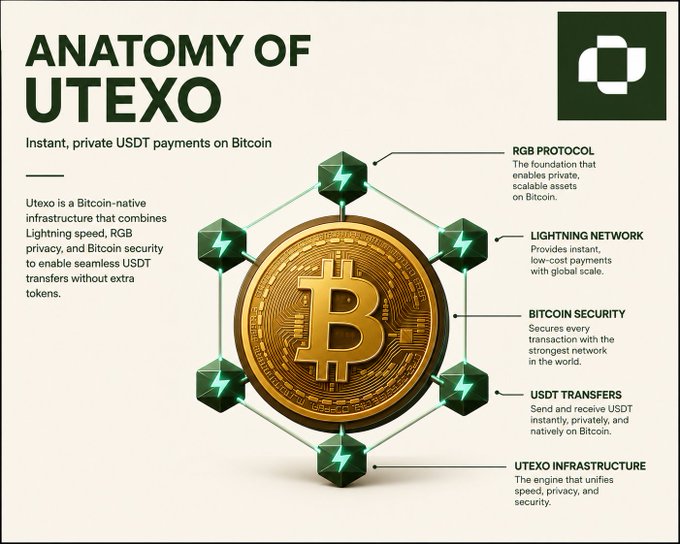 An infographic titled 'ANATOMY OF UTEXO' describes it as 'Instant, private USDT payments on Bitcoin' and highlights components like RGB Protocol, Lightning Network, Bitcoin Security, USDT Transfers, and Utexo Infrastructure around a central Bitcoin image.