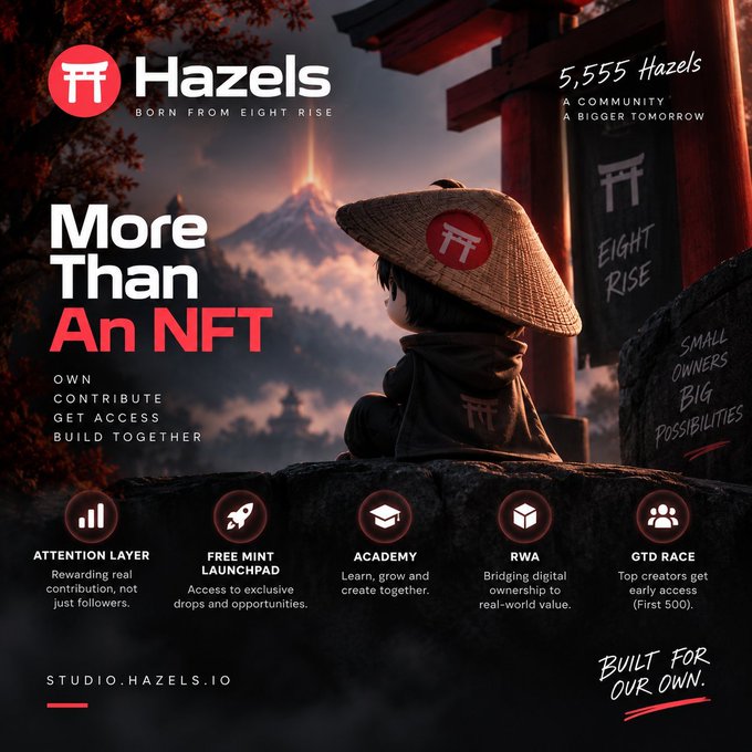 A 'Hazels - BORN FROM EIGHT RISE' promotional banner reading 'More Than An NFT' and '5,555 Hazels - A COMMUNITY A BIGGER TOMORROW', featuring a 3D character in a straw hat overlooking Mount Fuji, with icons for 'ATTENTION LAYER', 'FREE MINT LAUNCHPAD', 'ACADEMY', 'RWA', and 'CTO RACE'.