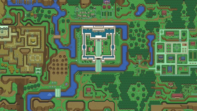 An overhead pixel-art map shows a top-down view of a fantasy landscape featuring a central white castle complex surrounded by water, with farmlands to the left, forested areas to the right and bottom, and various small buildings scattered throughout.