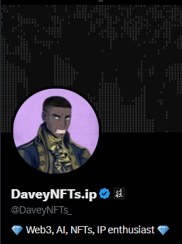 Profile card for Davey NFTs (@DaveyNFTs) with verified checkmark, describing himself as a 'Web3, AI, NFTs, IP enthusiast' with an illustrated avatar on a dark background.