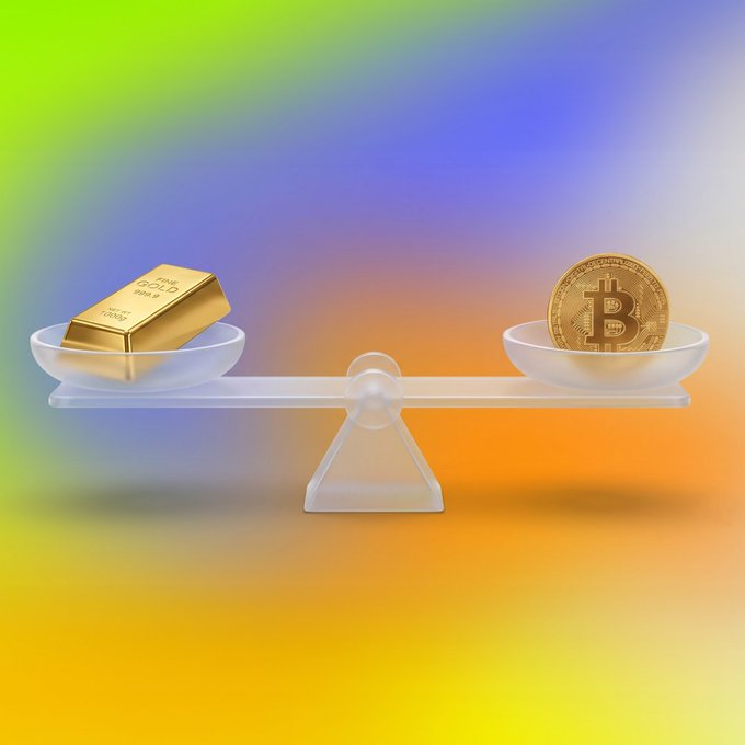 A golden gold bar marked "GOLD" sits on one side of a balanced scale while a Bitcoin coin marked "BTC" rests on the other, visually representing the "Gold or Bitcoin?" dilemma referenced in the post. The balanced scale symbolizes the financial harmony and modern saving approach promoted by Littlebit.