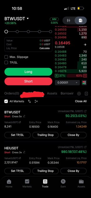 A screenshot of a crypto trading app displays a portfolio with two active short positions: BTWUSDT (Short 5x) showing an unrealized P&L of 50.25 USDT (3.03%), and HEIUSDT (Short 3x) showing a substantial profit of 980.18 USDT (137.48%) with an entry price of 0.51594 and mark price of 0.35344. The image directly supports the post's message by showcasing the trader's "King of Shorts" status through their profitable bearish positions on $HEI and $BTW.